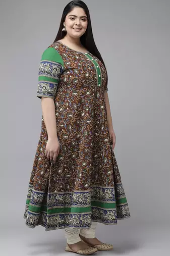 Women'S Plus Size Cotton Floral Printed Anarkali Kurti (Multi)