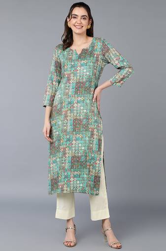 Women blue printed cotton ethnic kurti