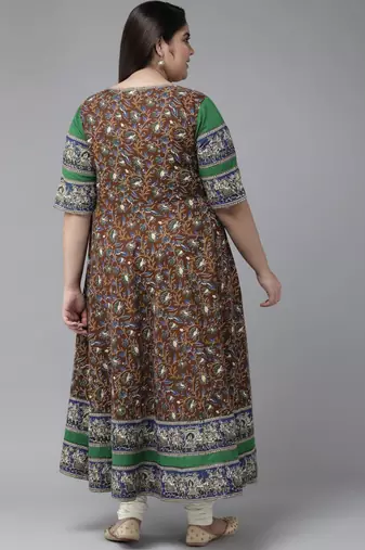 Women'S Plus Size Cotton Floral Printed Anarkali Kurti (Multi)