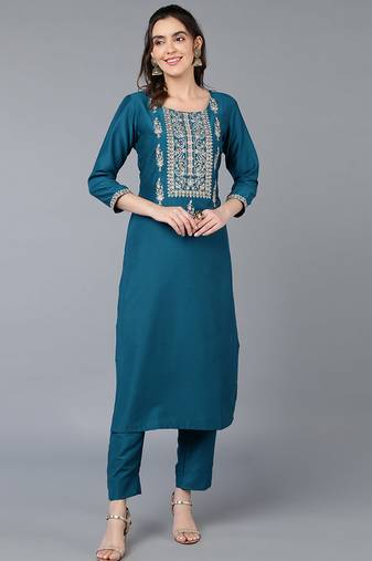Women teal embroidered silk ethnic kurti