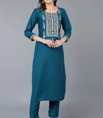 Women teal embroidered silk ethnic kurti