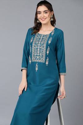 Women teal embroidered silk ethnic kurti 2