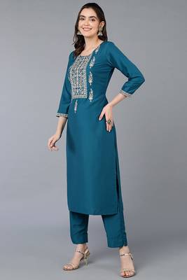 Women teal embroidered silk ethnic kurti 4