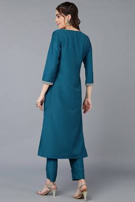 Women teal embroidered silk ethnic kurti 5