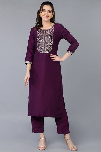 Women purple embroidered silk ethnic kurti