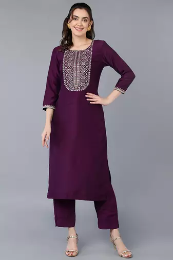 Women purple embroidered silk ethnic kurti