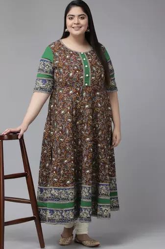 Women'S Plus Size Cotton Floral Printed Anarkali Kurti (Multi)