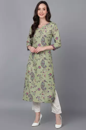 Women green printed silk ethnic kurti