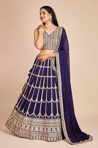 Blue Georgette Thread & Sequins Embroidery Semi Stitched Lehenga Choli