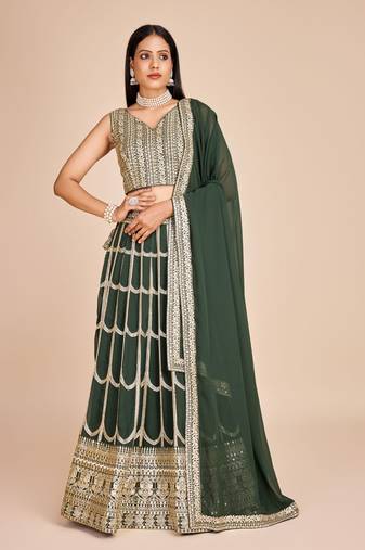 Green Georgette Thread & Sequins Embroidery Semi Stitched Lehenga Choli
