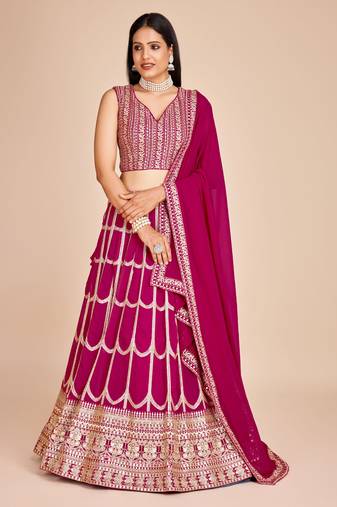 Rani Pink Georgette Thread & Sequins Embroidery Semi Stitched Lehenga Choli