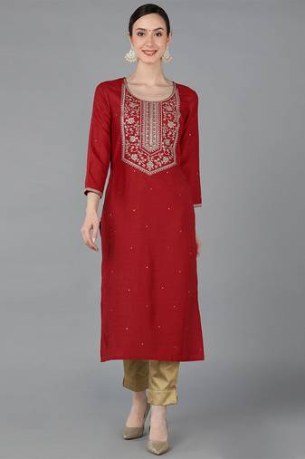 Women red plain chanderi ethnic kurti