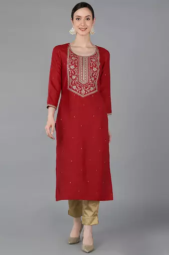 Women red plain chanderi ethnic kurti