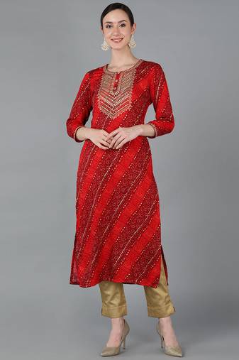 Women red printed rayon ethnic kurti