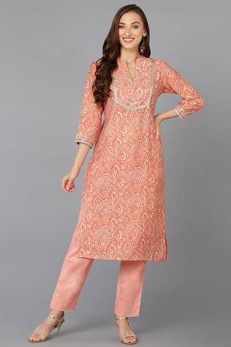 Women peach printed chanderi ethnic kurti