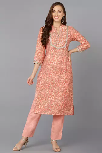 Women peach printed chanderi ethnic kurti
