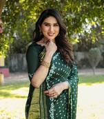 Koram Green Bandhej Silk Sarees Kanchi Borders And Contrast Zari Weaving Borders Saree With Blouse For Women