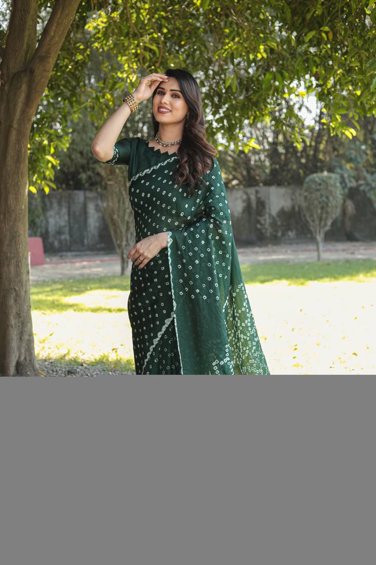 Koram Green Bandhej Silk Sarees Kanchi Borders And Contrast Zari Weaving Borders Saree With Blouse For Women