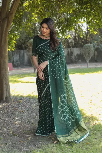 Koram Green Bandhej Silk Sarees Kanchi Borders And Contrast Zari Weaving Borders Saree With Blouse For Women
