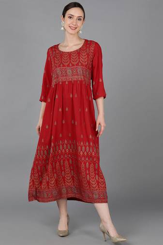 Women red printed rayon ethnic kurti