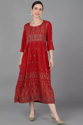 Women red printed rayon ethnic kurti