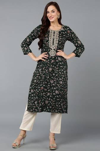 Women green printed silk ethnic kurti