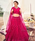 Pink Embroidered Net Circular Lehenga With Blouse Up To 42" Size