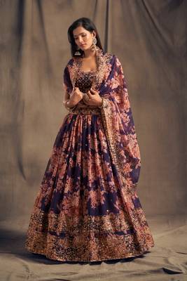 Blue Embroidered Organza Circular Lehenga With Blouse Up To 42" Size 1