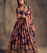 Blue Embroidered Organza Circular Lehenga With Blouse Up To 42" Size
