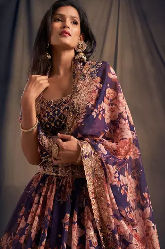 Blue Embroidered Organza Circular Lehenga With Blouse Up To 42" Size