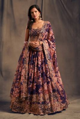 Blue Embroidered Organza Circular Lehenga With Blouse Up To 42" Size 3