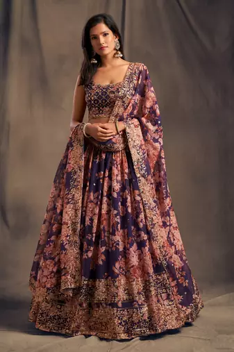 Blue Embroidered Organza Circular Lehenga With Blouse Up To 42" Size