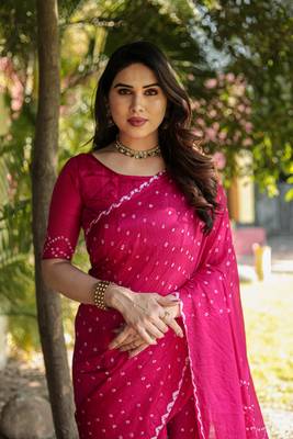 Koram Pink Bandhej Silk Sarees Kanchi Borders And Contrast Zari Weaving Borders Saree With Blouse For Women 1