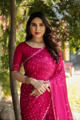 Koram Pink Bandhej Silk Sarees Kanchi Borders And Contrast Zari Weaving Borders Saree With Blouse For Women