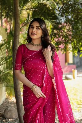 Koram Pink Bandhej Silk Sarees Kanchi Borders And Contrast Zari Weaving Borders Saree With Blouse For Women 2
