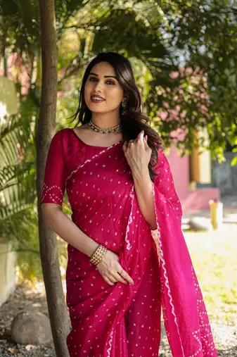Koram Pink Bandhej Silk Sarees Kanchi Borders And Contrast Zari Weaving Borders Saree With Blouse For Women