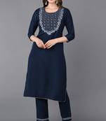 Women navy-blue embroidered silk ethnic kurti
