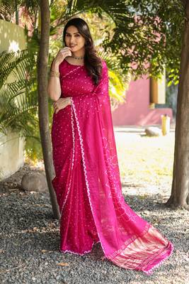 Koram Pink Bandhej Silk Sarees Kanchi Borders And Contrast Zari Weaving Borders Saree With Blouse For Women 5