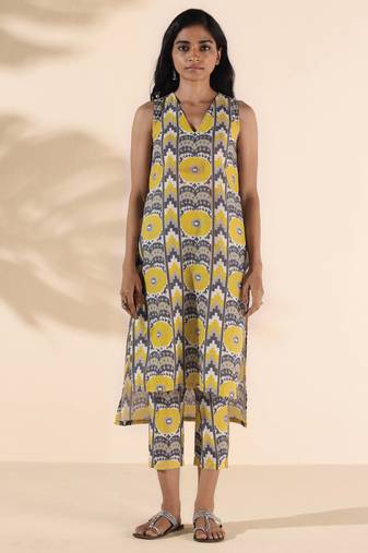 yellow cotton ikat sleeveless kurta pant set