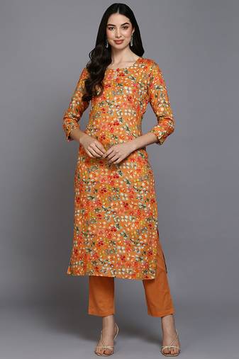 Women orange printed rayon ethnic kurti