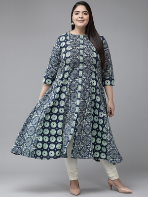 Women'S Plus Size Cotton Geomatrical Printed A-Line Kurti (Blue) 1