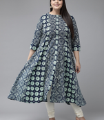 Women'S Plus Size Cotton Geomatrical Printed A-Line Kurti (Blue)