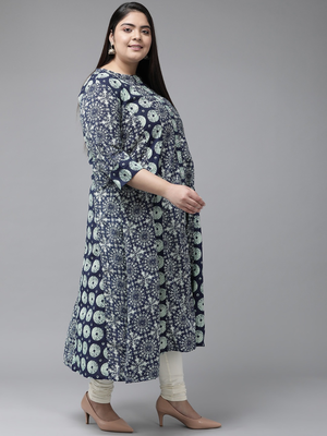 Women'S Plus Size Cotton Geomatrical Printed A-Line Kurti (Blue) 3