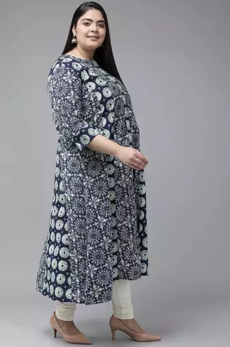 Women'S Plus Size Cotton Geomatrical Printed A-Line Kurti (Blue)