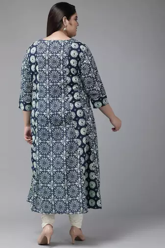 Women'S Plus Size Cotton Geomatrical Printed A-Line Kurti (Blue)