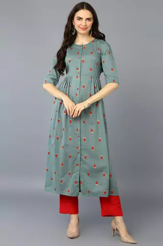 Women green printed cotton ethnic kurti