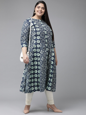 Women'S Plus Size Cotton Geomatrical Printed A-Line Kurti (Blue) 5