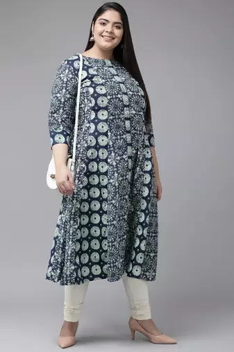 Women'S Plus Size Cotton Geomatrical Printed A-Line Kurti (Blue)