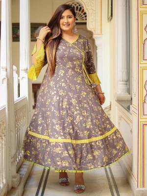 Plus Size Women'S Floral Printed Anarkali Kurti(Grey) 1