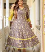 Plus Size Women'S  Floral Printed Anarkali Kurti(Grey)